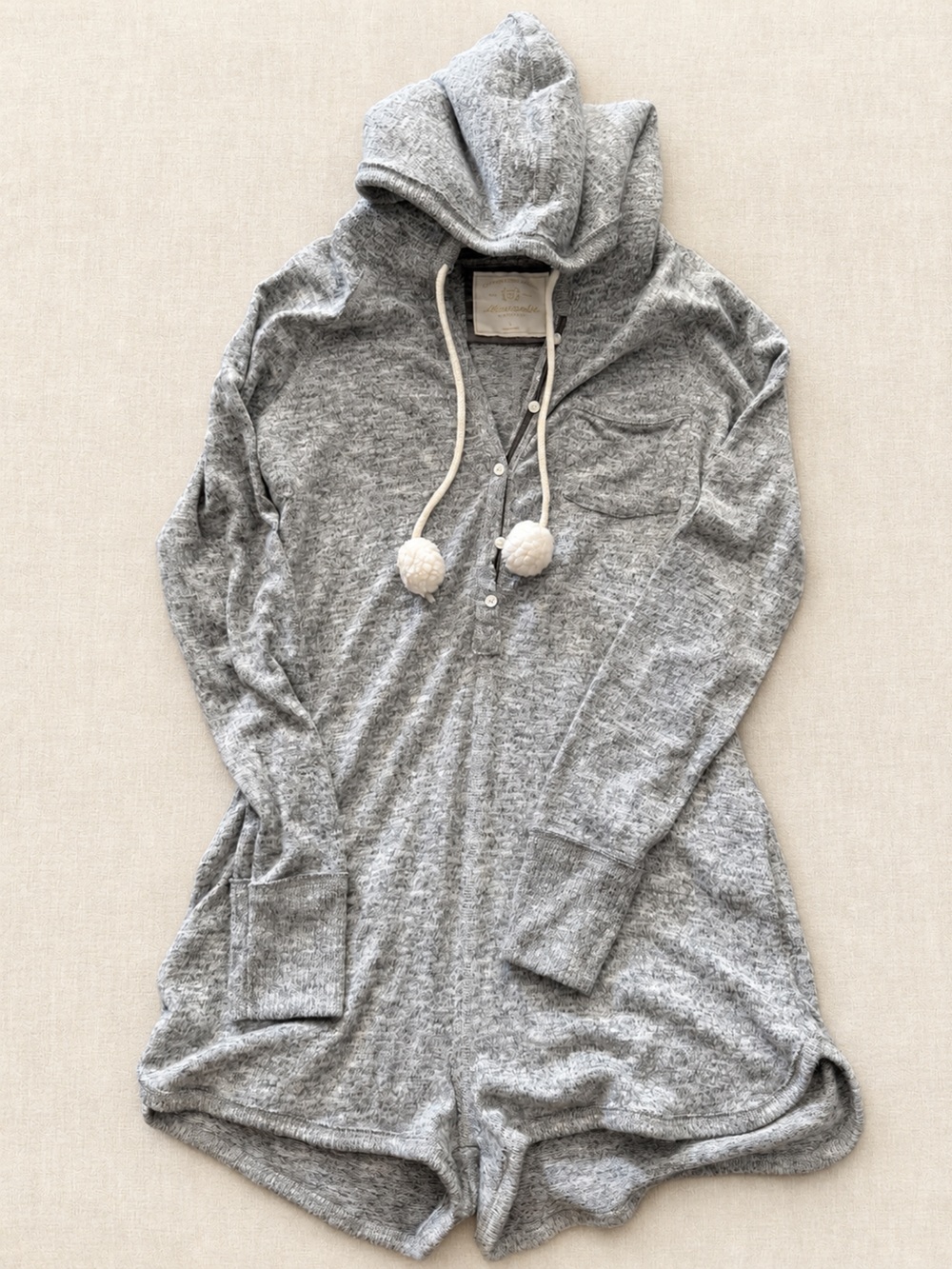 Abercrombie & Fitch Heather Gray Pom-Detail Knit Hooded Romper